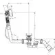 Schematische Zeichnung eines Hansgrohe Wanneneinlaufs mit Ablauf- und Überlaufgarnitur. Darstellung der Maße, Anschlüsse und Komponenten des Systems.